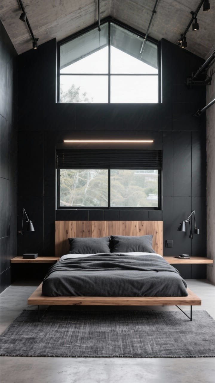 Wide shot, straight-on toward the window wall: Industrial modern bedroom facing a full-height glass gable framed in black steel and wood. Interior echoes with sleek black paneling, concrete-look floors, and a cantilevered natural oak headboard that doubles as a shelf. The low bed is upholstered in charcoal wool with layered bedding in soft black and slate. Replace nightstands with wall-mounted ledges; black steel adjustable swing-arm sconces provide studio-style lighting. A linear LED runs above the headboard, and a concealed floor-to-ceiling track light washes the glass wall. Floor area defined by a graphite flatweave rug; motorized blackout shades are invisible when open to keep the view the hero. Palette: black, slate, natural oak, cool gray. Photorealistic, airy-industrial.