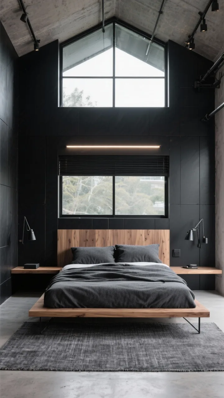 Wide shot, straight-on toward the window wall: Industrial modern bedroom facing a full-height glass gable framed in black steel and wood. Interior echoes with sleek black paneling, concrete-look floors, and a cantilevered natural oak headboard that doubles as a shelf. The low bed is upholstered in charcoal wool with layered bedding in soft black and slate. Replace nightstands with wall-mounted ledges; black steel adjustable swing-arm sconces provide studio-style lighting. A linear LED runs above the headboard, and a concealed floor-to-ceiling track light washes the glass wall. Floor area defined by a graphite flatweave rug; motorized blackout shades are invisible when open to keep the view the hero. Palette: black, slate, natural oak, cool gray. Photorealistic, airy-industrial.