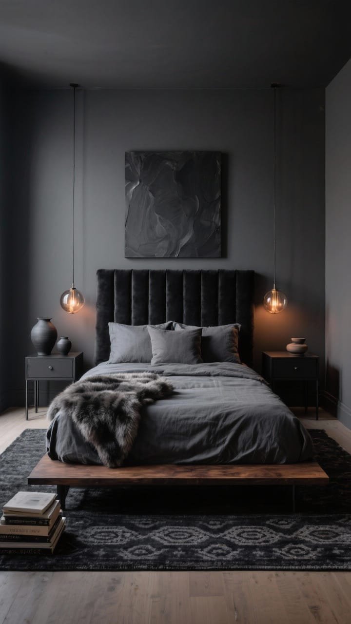Wide shot, straight-on view: A dark, cozy bedroom wrapped in matte charcoal gray walls with a deep, plush charcoal Moroccan-style rug under a waxed black-oak platform bed. The bed features a tall, ink-black channel-tufted velvet headboard, layered with a graphite linen duvet, a smoky faux-fur throw, and pillows in pewter and slate. Slim blackened steel nightstands flank the bed, each with dimmable smoked-glass globe sconces casting a warm 2200–2700K amber glow. A soft-close dresser with minimal hardware sits opposite, and a single oversize charcoal abstract canvas hangs on the wall. Two black clay vases and a stack of linen-covered books add quiet accents. Photorealistic, no people.
