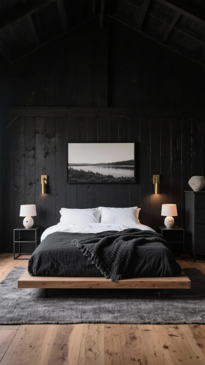 Wide shot, straight-on view: A modern minimalist black barn bedroom with charcoal-black shiplap walls and a warm brushed oak floor. A low-profile platform bed in textured black linen sits centered, flanked by matte-black metal cube nightstands. Each nightstand holds a single sculptural ceramic lamp emitting soft, ambient glow, complemented by blackened brass sconces with dimmable warm bulbs. Textures include an oversized bouclé throw, crisp white percale sheets, and a graphite wool rug under the bed. A large monochrome landscape in a slim black frame hangs above the bed. A minimalist dresser holds a single stone vessel; all other items are hidden. Palette: charcoal, smoked oak, bone white accents. Photorealistic, moody and calm.