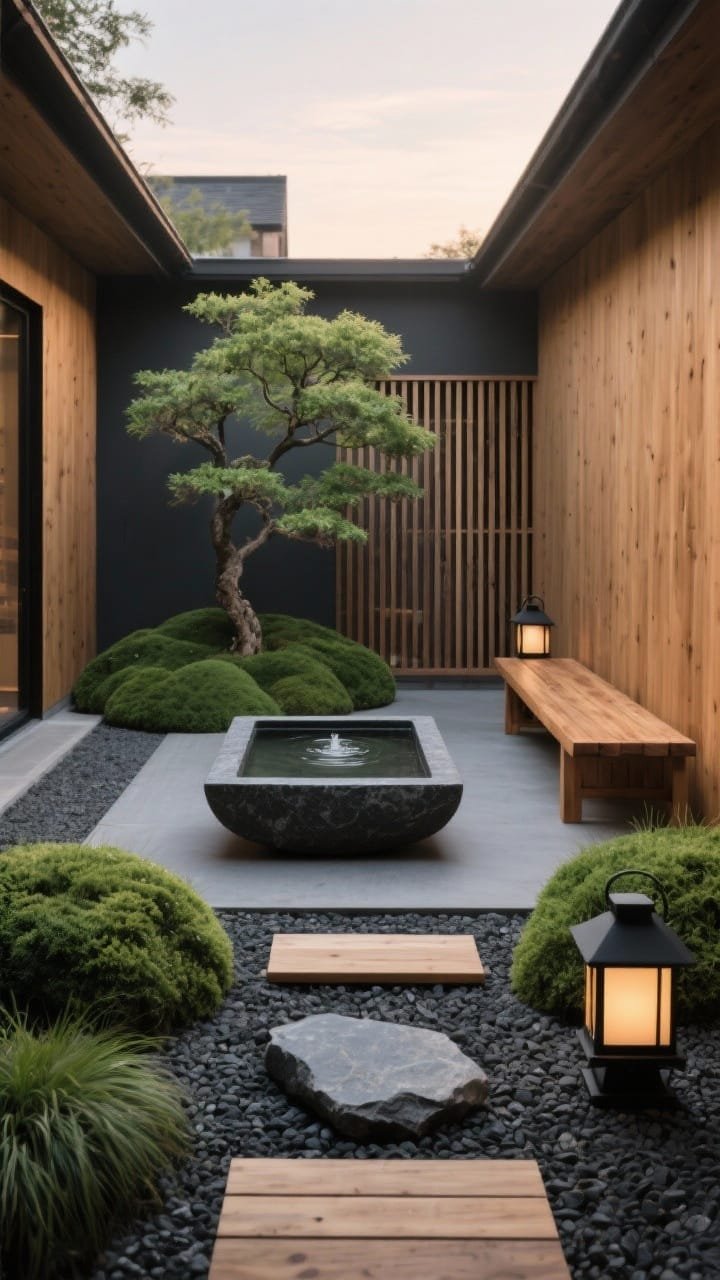 Wide shot, straight-on view: A serene Zen courtyard framed by smooth charcoal gravel with floating cedar plank paths crossing a compact rectangular space, centered on a low rectangular basalt water bowl with barely rippling water catching light. Palette of charcoal, warm honeyed wood, and deep green. Sculpted boxwood mounds, Japanese forest grass, and a single multi-trunk Acer palmatum provide structure. A backless teak bench with chamfered edges sits to one side, black powder-coated lanterns placed low. A thin slatted cedar privacy screen along the back adds vertical texture, with two basalt stepping stones subtly off-path to break symmetry. Soft, natural dusk lighting for a calm, minimalist, photorealistic mood.