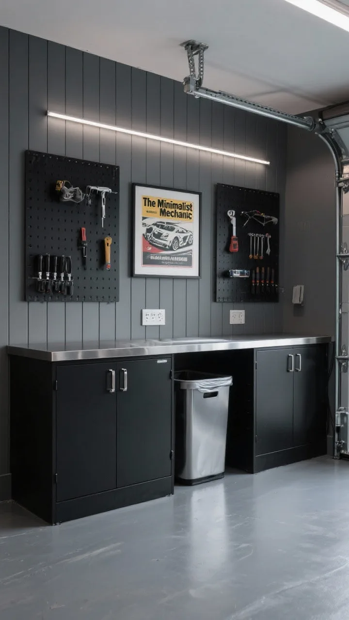 Wide shot, straight-on view of &ldquo;The Minimalist Mechanic&rdquo; garage: charcoal gray epoxy floors, matte black cabinets with brushed steel hardware, seamless graphite slatwall, black pegboards symmetrically arranged, a single stainless steel workbench with integrated power outlets centered, flush-mount linear LED strips washing the walls in even cool light, French cleat system holding only essential tools, hidden trash pull-out, one framed vintage racing poster as the only accent; photorealistic, quiet luxury, minimal visual noise.