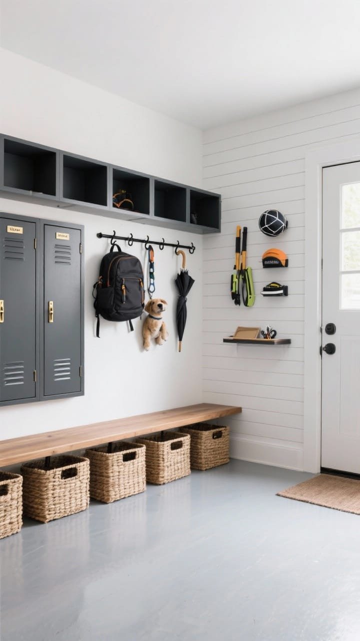 Wide shot, straight-on view of “The Modern Mudroom Garage” zone: a 6–8 ft entry-wall mudroom with matte charcoal lockers featuring slim brass pulls, a floating oak bench with woven baskets underneath, labeled cubbies above, soft white walls, light gray satin-finish epoxy floor, and a black metal hooks-and-rails system holding backpacks, dog leashes, and umbrellas. Adjacent wall shows white slatwall panels neatly organizing sports gear and yard tools. A slim console by the door with a catchall tray for keys and mail. Calm, sleek, family-friendly styling, evenly lit with clean, natural daylight; no people.