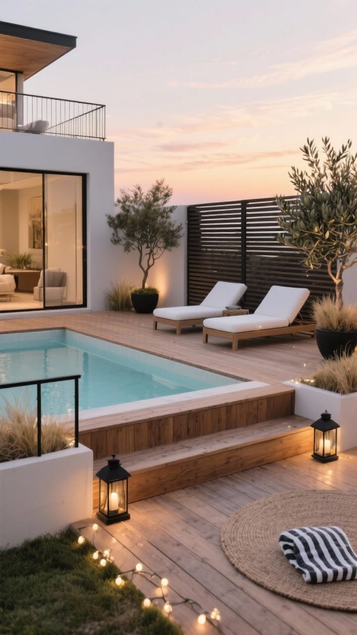 Wide shot, sunset lighting: A modern above-ground pool wrapped by a clean-lined wood deck level with the top rail, in a neutral palette of warm cedar/composite planks, matte black metal railings, and crisp white outdoor cushions. Include a built-in lounging zone with two low-profile chaise loungers, a slim horizontal-slat privacy screen on one side, potted olive trees and hardy grasses for a minimalist Mediterranean vibe. Accents: black lanterns, striped towels, a round outdoor rug. Subtle LED stair lights glow on deck steps; dimmable string lights are anchored to deck posts. No people, photorealistic.