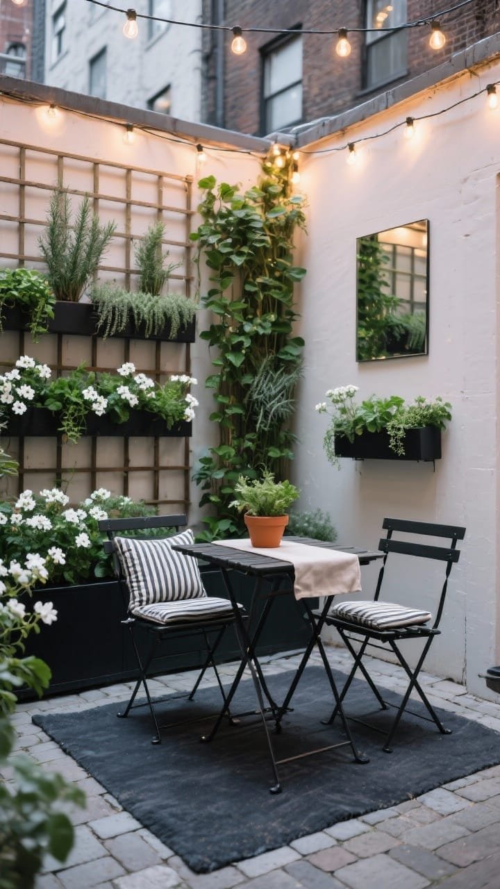Wide shot, Urban Bistro Courtyard: a compact city courtyard defined by a charcoal/deep slate patio rug over simple pavers, a folding bistro set in matte black with a linen table runner and two stripey cushions, vertical greenery on trellis panels and a wall-mounted planter grid filled with thyme, rosemary, and mint, white blooms like alyssum and white geraniums in glossy green foliage with one terracotta accent pot, a small wall mirror reflecting the space, warm cafe string lights zig-zagged overhead at dusk; photorealistic, straight-on view emphasizing cozy café ambience and clean, pared-back palette.