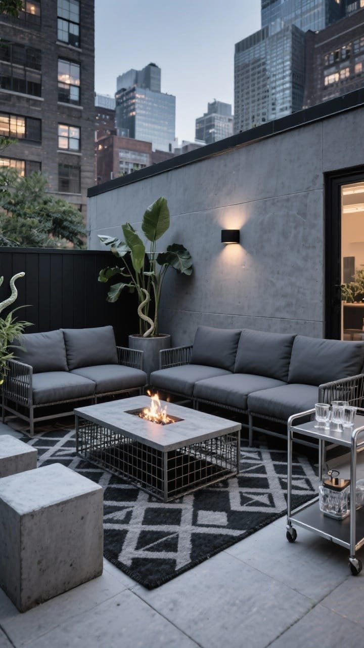 Wide shot, Urban Concrete Chic: A city-loft-inspired patio with a modular charcoal outdoor sectional and a rectangular concrete-look fire table centered; black-and-gray geometric rug grounding the space; gridded metal planters with tall snake plants and a ficus; a matte black wall-mounted outdoor sconce illuminating a graphite wall at twilight; concrete side cubes serving as extra seating; a folding aluminum bar cart with glassware at the edge; palette of graphite, black, slate, steel; straight-on, low vantage for sleek, crisp geometry.