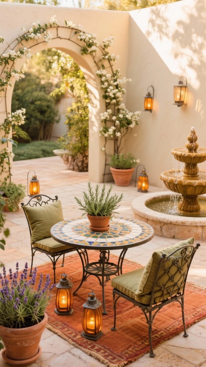 Wide shot, Warm Mediterranean Courtyard: Sun-drenched terrace with a mosaic tile-top bistro set on a terracotta-toned rug; wrought-iron plant stand holding terra-cotta planters filled with rosemary and lavender; olive-hued cushions on the chairs; amber glass lanterns scattered for warm evening light; a curved arched trellis with climbing jasmine framing the background; palette of terracotta, olive, cream, aged bronze; materials of iron, ceramic, stone, linen; a tiered outdoor fountain softly trickling; warm, golden, late-afternoon ambiance, corner angle.