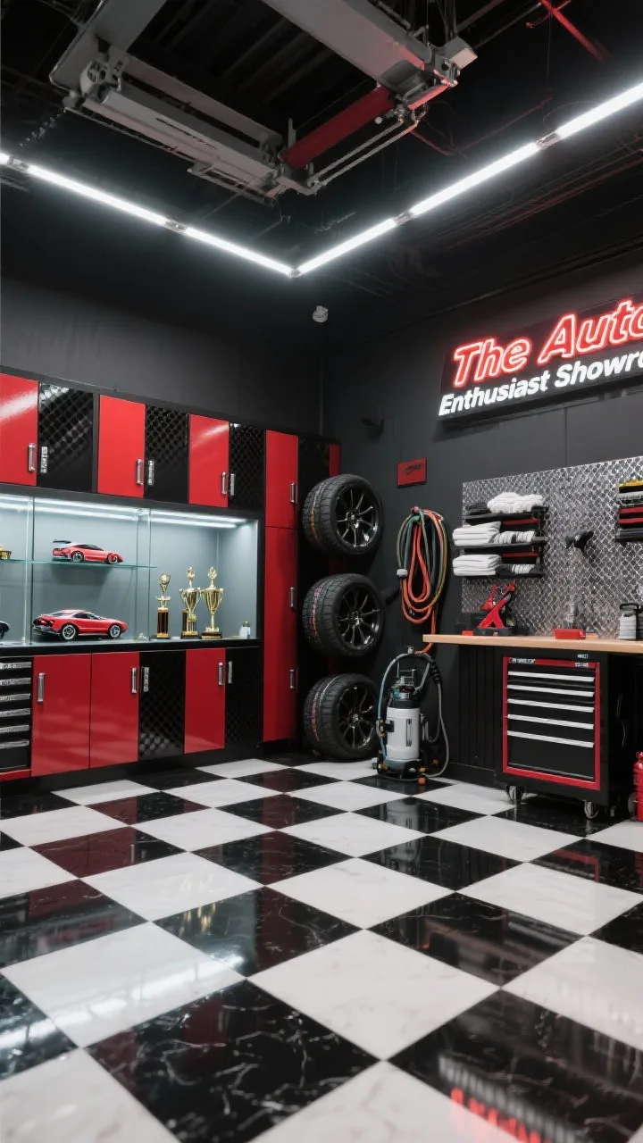 Wide showroom shot, low angle emphasizing the car bay for “The Auto Enthusiast Showroom”: glossy black-and-white checker epoxy floor, a wall of red-and-black garage cabinets with diamond-plate accents, a glass-front display case showcasing model cars, trophies, and detailing gear, continuous LED strip lighting along ceiling edges creating a sleek glow, a detailing bay with wall-mounted hose reel, microfiber racks, compact pressure washer, low heavy-duty tire and jack racks with labeled covers, a neon-style sign over the workbench, and a slim ceiling-mounted motorized lift for a second set of wheels/storage bins. High-contrast, polished, pro pit stop vibe; no people.