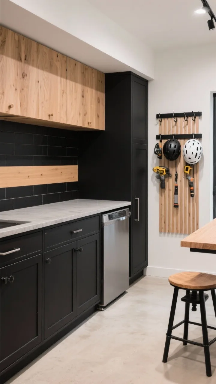 Wide, slightly off-center shot capturing bold two-tone contrast: deep black shaker-style lower cabinets with a matching kick, natural ash uppers with visible grain for warmth, and a full-length black-and-tan stripe running crisply across the backsplash between them (painted or vinyl). Pale concrete-look countertop lightens the composition. A wall-mounted black rail system organizes tools and helmets; a compact undercounter fridge concealed behind a matching black panel. Vertical ash slat panel with hooks, and a black stool with an ash seat. Floor is light sand-colored epoxy&mdash;clean and bright without glare. Palette: black, natural ash, tan, soft concrete gray. Even, modern lighting. Photorealistic, no people.