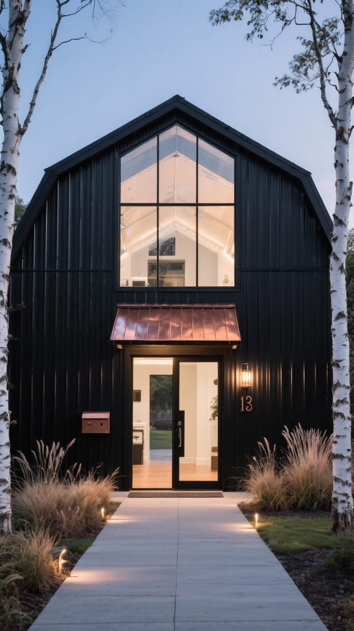 Wide, straight-on dusk view of a Glassy gable barn: classic gable silhouette with floor-to-peak glass at both gable ends framed in powder-coated black, sides clad in satin-black ribbed metal panels; interior glowing like a lantern; entry with a copper-clad canopy, copper house numbers, and a slender linear mailbox; in-ground uplights grazing the vertical metal ribs; landscaping with ornamental grasses, white-barked birch trees, and clean concrete pavers; palette of satin black, aged copper, and soft white interiors.