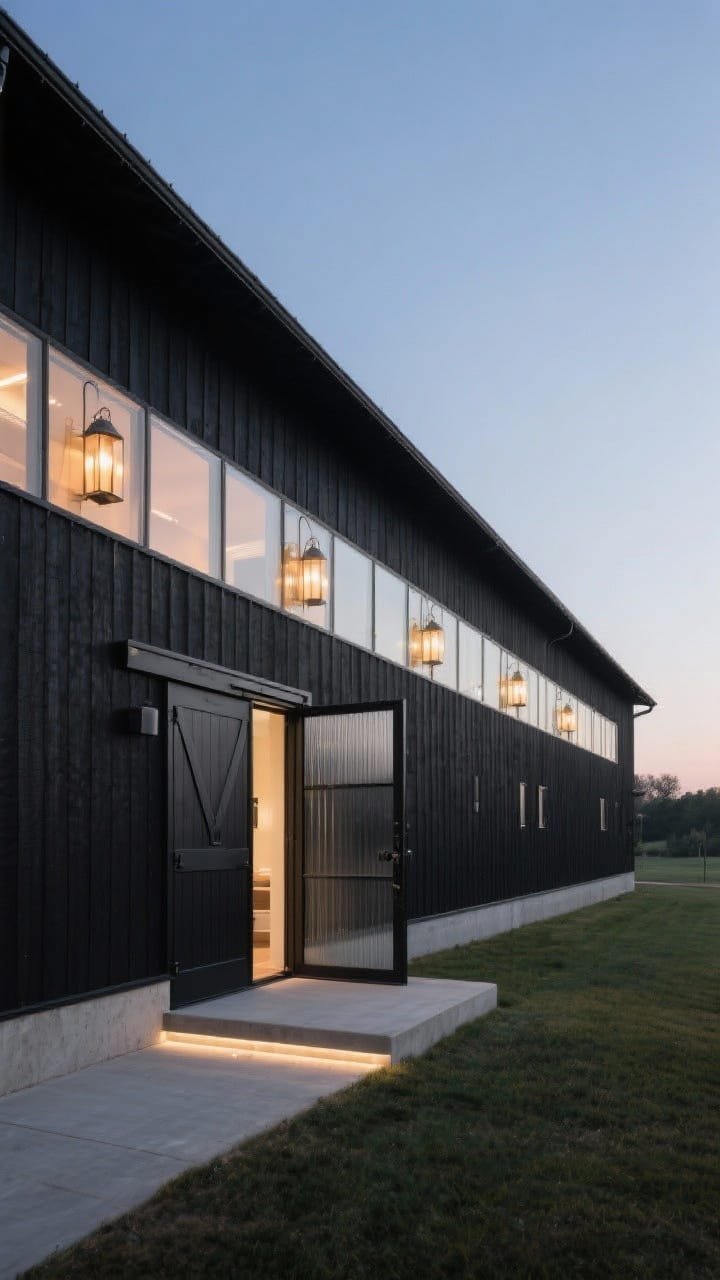 Wide, straight-on exterior of a long, single-gable barn clad in jet-black shiplap, featuring a continuous ribbon of flush-mounted gutterline windows beneath the roof; a frameless glass corridor entry connecting to a minimalist porch; black steel door with reeded glass and brushed graphite hardware; set on a concrete plinth with inset LED step lights; captured at dusk so warm interior lighting makes the upper windows glow like lanterns; sleek, sculptural, photorealistic.