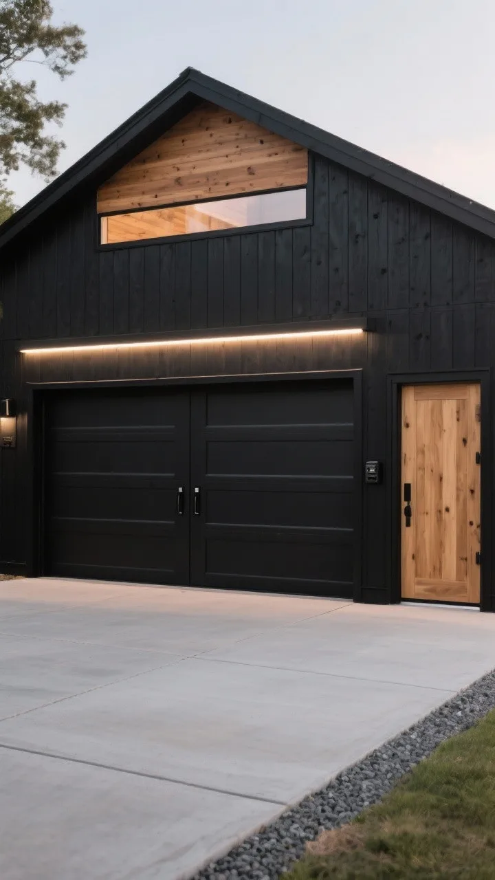 Wide, straight-on exterior shot of a modern black barn garage with matte black board-and-batten siding, a cedar-clad gable, and matching horizontal cedar garage doors; minimal slim black steel handles, barely-there hinges, and a low-profile keypad; crisp smooth concrete drive with saw-cut lines and a narrow gravel border; warm linear soffit light washing the cedar like a gallery wall; flush pivot-style cedar side door for hidden-entry vibe; color palette of matte black, honey cedar, and warm white light; dusk lighting for a soft glow; photorealistic, no people.