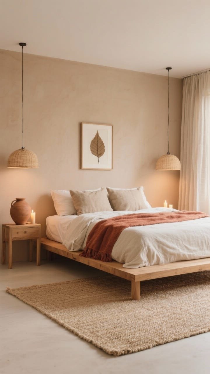Wide, straight-on shot of a minimalist bedroom sanctuary with clay-beige walls, a low-profile oak platform bed floating over a creamy flat-weave jute rug. Tight palette in bone, sand, and oatmeal with a single rust throw. Stonewashed linen duvet, gauzy curtains, and nubby throw pillows. Pair of linen-drum pendants hanging low over slim wood nightstands. One oversized clay vessel on a nightstand and a framed pressed leaf on the wall. Warm 2700K lighting for a candlelit, soft, lived-in, serene mood; no clutter, photorealistic.