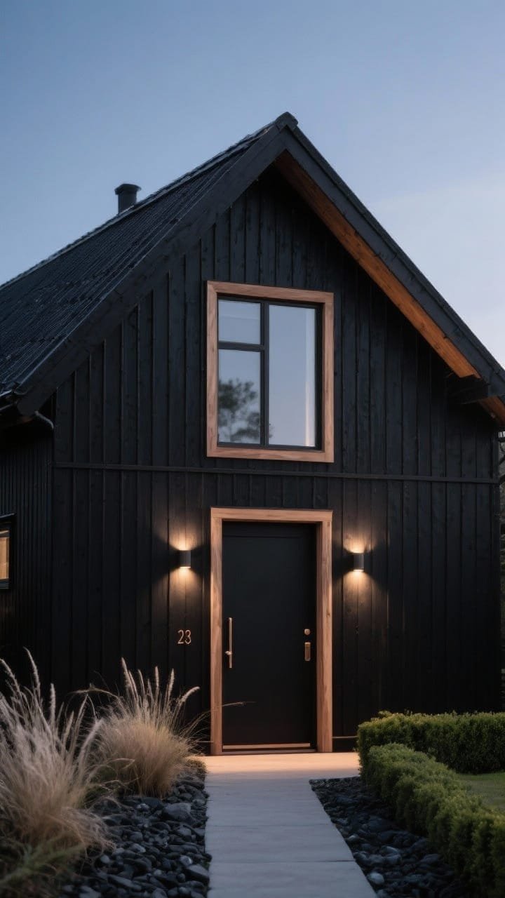 Wide, straight-on twilight exterior of a Sleek Nordic farmhouse clad in matte black vertical standing-seam metal from eaves to skirt, steep simple roof with no overhangs, natural white oak accents at the front door, soffits, and a slim oak frame around an oversized picture window; soft night lighting with minimal downlit sconces flanking the door and a single path light creating pools of glow; slim bronze door pull and flush house numbers visible; landscaping with feather grasses, low boxwood lines, and crushed black basalt; color palette of matte black, smoked oak, and soft bronze; photorealistic and minimalist Nordic mood.