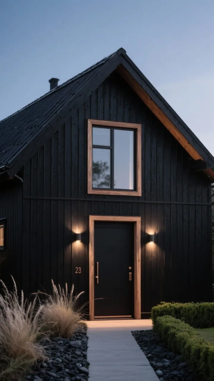 Wide, straight-on twilight exterior of a Sleek Nordic farmhouse clad in matte black vertical standing-seam metal from eaves to skirt, steep simple roof with no overhangs, natural white oak accents at the front door, soffits, and a slim oak frame around an oversized picture window; soft night lighting with minimal downlit sconces flanking the door and a single path light creating pools of glow; slim bronze door pull and flush house numbers visible; landscaping with feather grasses, low boxwood lines, and crushed black basalt; color palette of matte black, smoked oak, and soft bronze; photorealistic and minimalist Nordic mood.