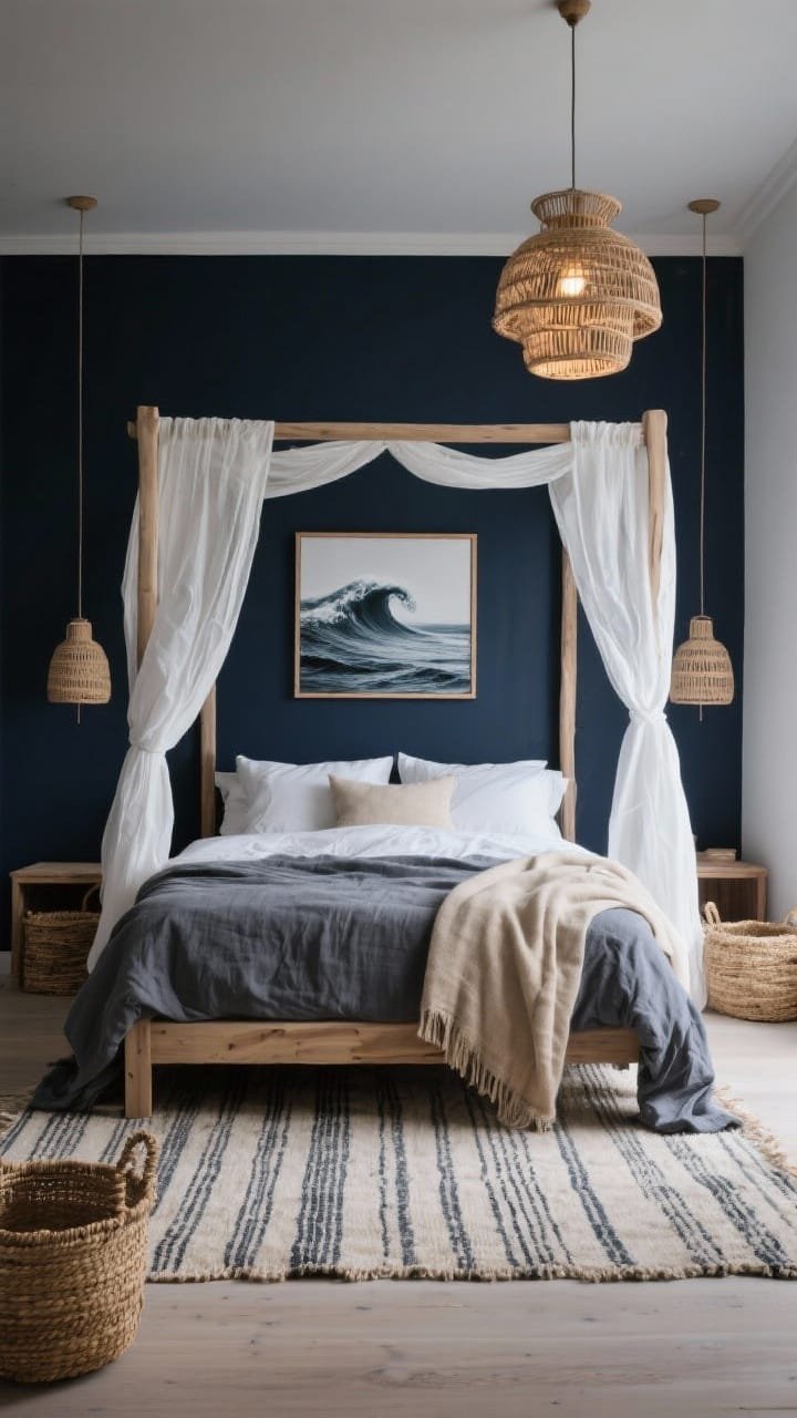 Wide, straight-on view: “Midnight Coastal Calm” bedroom with deep inky navy walls and a bleached oak canopy bed providing airy lines. Crinkled white gauze curtains diffuse soft light. Bedding features a slate linen duvet with a sand-colored throw. A handknotted rug with faint coastal stripes grounds the scene. Storage includes seagrass baskets; rattan pendants hang overhead casting a soft, warm glow. A single oversized wave photograph in a thin oak frame adorns the wall. Palette: inky navy, slate, sand, bleached oak, white. Coastal, moody nighttime ambiance; photorealistic.