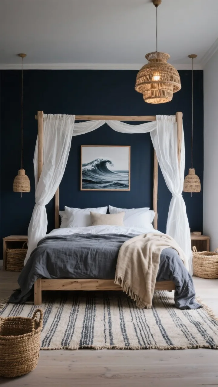 Wide, straight-on view: &ldquo;Midnight Coastal Calm&rdquo; bedroom with deep inky navy walls and a bleached oak canopy bed providing airy lines. Crinkled white gauze curtains diffuse soft light. Bedding features a slate linen duvet with a sand-colored throw. A handknotted rug with faint coastal stripes grounds the scene. Storage includes seagrass baskets; rattan pendants hang overhead casting a soft, warm glow. A single oversized wave photograph in a thin oak frame adorns the wall. Palette: inky navy, slate, sand, bleached oak, white. Coastal, moody nighttime ambiance; photorealistic.