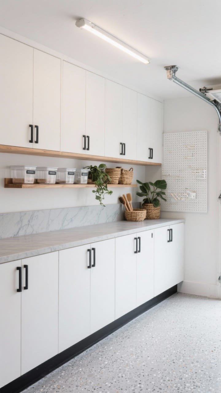 Wide, straight-on view of a calm Scandinavian-inspired garage wall: a full span of white-oak flat-panel cabinets with long matte black pulls and a matching black toe-kick, concrete-look laminate countertops in soft gray with faint marbling, open oak shelves above holding neatly labeled clear bins, wood-handled brushes, woven baskets, and a couple of leafy plants. White pegboard panel to one side painted fresh white. Floor is speckled light-gray epoxy. Lighting includes slim linear LED bars under the uppers casting a soft wash on the counter, plus a dimmable ceiling fixture for an airy, organized studio feel. Palette: white oak, matte black, foggy gray, fresh white walls. Photorealistic, no people.