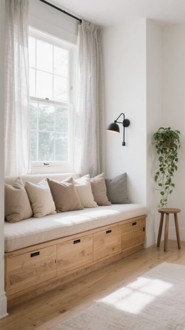 Wide straight-on view, photorealistic “Window Bench Haven In Blonde Wood”: a sunny window with sheer linen curtains lightly pooling on the floor; built-in blonde oak bench with hidden drawers below; topped with a custom foam cushion in oatmeal performance fabric and a tidy row of boxy, overstuffed pillows in taupe and soft gray; a slender matte-black pivoting-arm sconce mounted nearby for nighttime reading; a narrow ash stool tucked to one side holding a potted trailing pothos; cloud white walls, pale woods, gray-beige textiles, and a single black line in hardware; soft natural daylight streaming in, bright and breezy mood; minimal styling, concealed storage implied by drawer fronts; no people.
