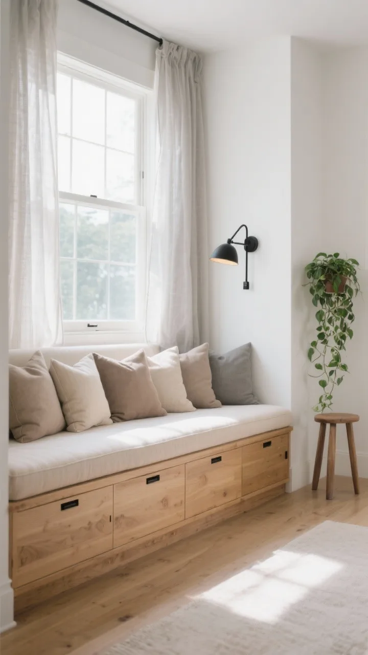 Wide straight-on view, photorealistic &ldquo;Window Bench Haven In Blonde Wood&rdquo;: a sunny window with sheer linen curtains lightly pooling on the floor; built-in blonde oak bench with hidden drawers below; topped with a custom foam cushion in oatmeal performance fabric and a tidy row of boxy, overstuffed pillows in taupe and soft gray; a slender matte-black pivoting-arm sconce mounted nearby for nighttime reading; a narrow ash stool tucked to one side holding a potted trailing pothos; cloud white walls, pale woods, gray-beige textiles, and a single black line in hardware; soft natural daylight streaming in, bright and breezy mood; minimal styling, concealed storage implied by drawer fronts; no people.