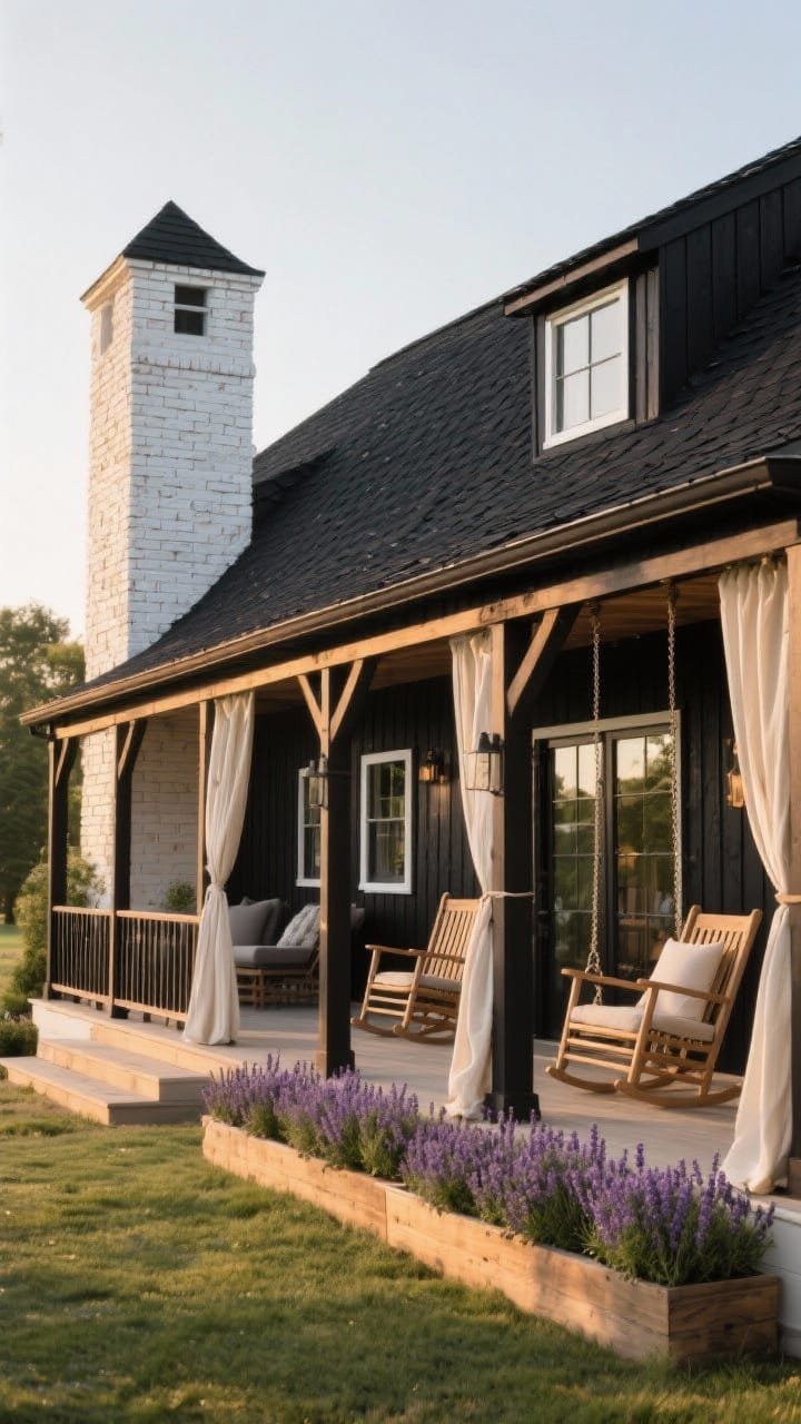 Wide veranda-focused exterior of a country-luxe black barn: full wraparound veranda painted black with natural teak railings and creamy outdoor drapery gently billowing; satin black clapboard siding paired with a crisp white limewash brick chimney; black composite shake roof; windows with black exterior and white interior trim visible through glass; porch furnished with rocking chairs, a porch swing, and long planters overflowing with lavender; warm golden-hour light, photorealistic.