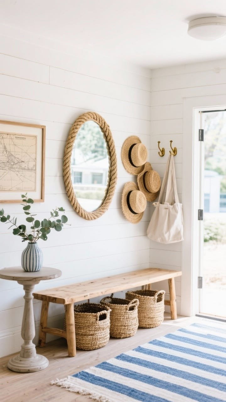 Bright wide shot with natural light: coastal modern entry featuring soft white shiplap accent wall, natural oak bench with woven baskets beneath. Rope-framed mirror above the bench, cluster of seagrass hats or framed vintage nautical chart adjacent. Blue-striped runner along the floor, petite pedestal table with a vase of eucalyptus, brass hooks for grab-and-go totes. Light, relaxed beachy feel without kitsch. Palette: white, sandy beige, sea blue, warm oak. Materials: shiplap, seagrass, rope, linen. No people.