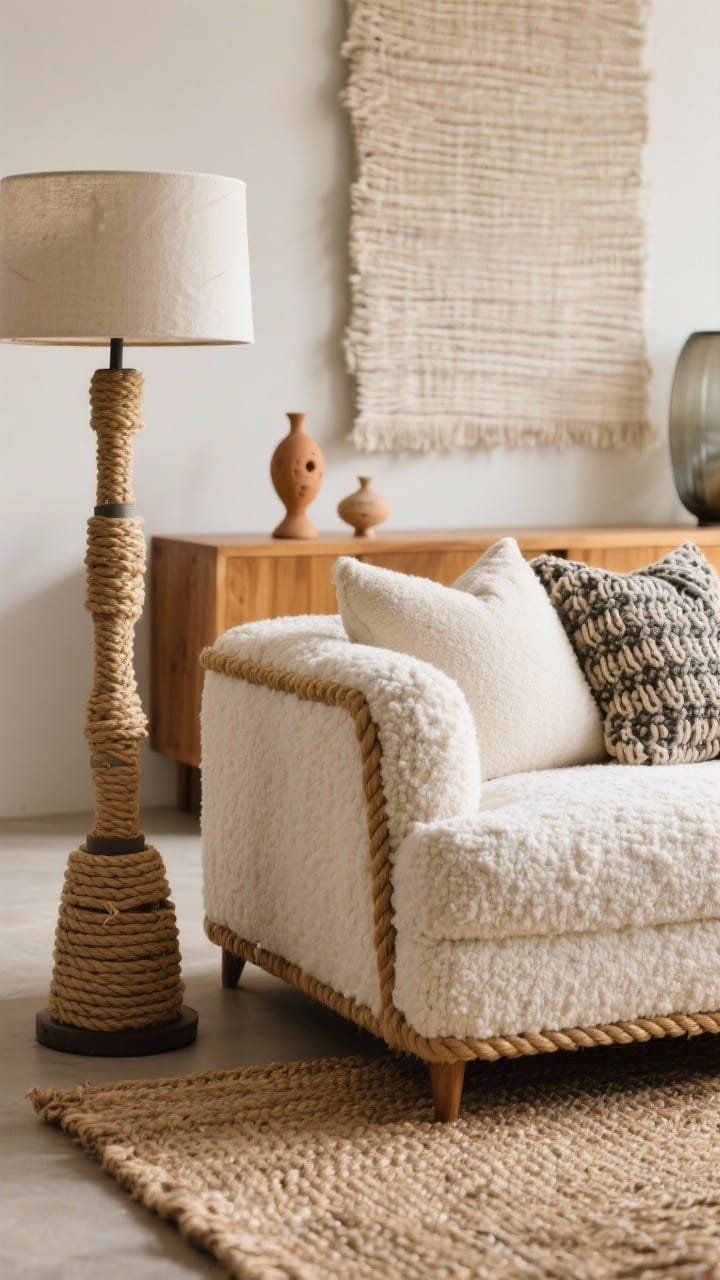 Closeup/detail lounge textures: a boucl&eacute;/heavy cotton sofa edge with rope-trim pillows and a chunky knit throw; thick jute rug visible below; rope-wrapped floor lamp base rising out of frame for sculptural height; small clay sculptures on a low wooden console in the background; honey-toned wood accents and a hint of smoked glass decor; large-scale neutral textile wall art with tactile weave softly blurred behind. Color palette ivory, oatmeal, honey, soft charcoal. Soft natural afternoon light emphasizing weave and rope textures.