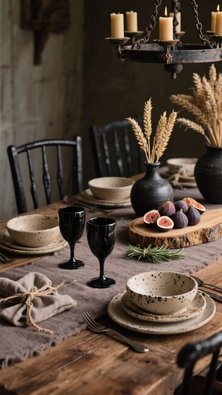Closeup detail, tabletop angle: A rustic farmhouse scene with a warm walnut tabletop and a heathered taupe wool runner. Focus on opaque onyx-black wine stems beside oatmeal stoneware with black fleck, iron flatware, and hand-thrown serving bowls. Background hints of black spindle-back chairs. Lighting from an iron chandelier with beeswax tapers casts a soft, medieval-romantic glow. Natural elements include dried wheat bundles, black clay vases, a live-edge bread board piled with figs, and nubby linen napkins tied with twine and a sprig of rosemary. Photorealistic, cozy and moody.