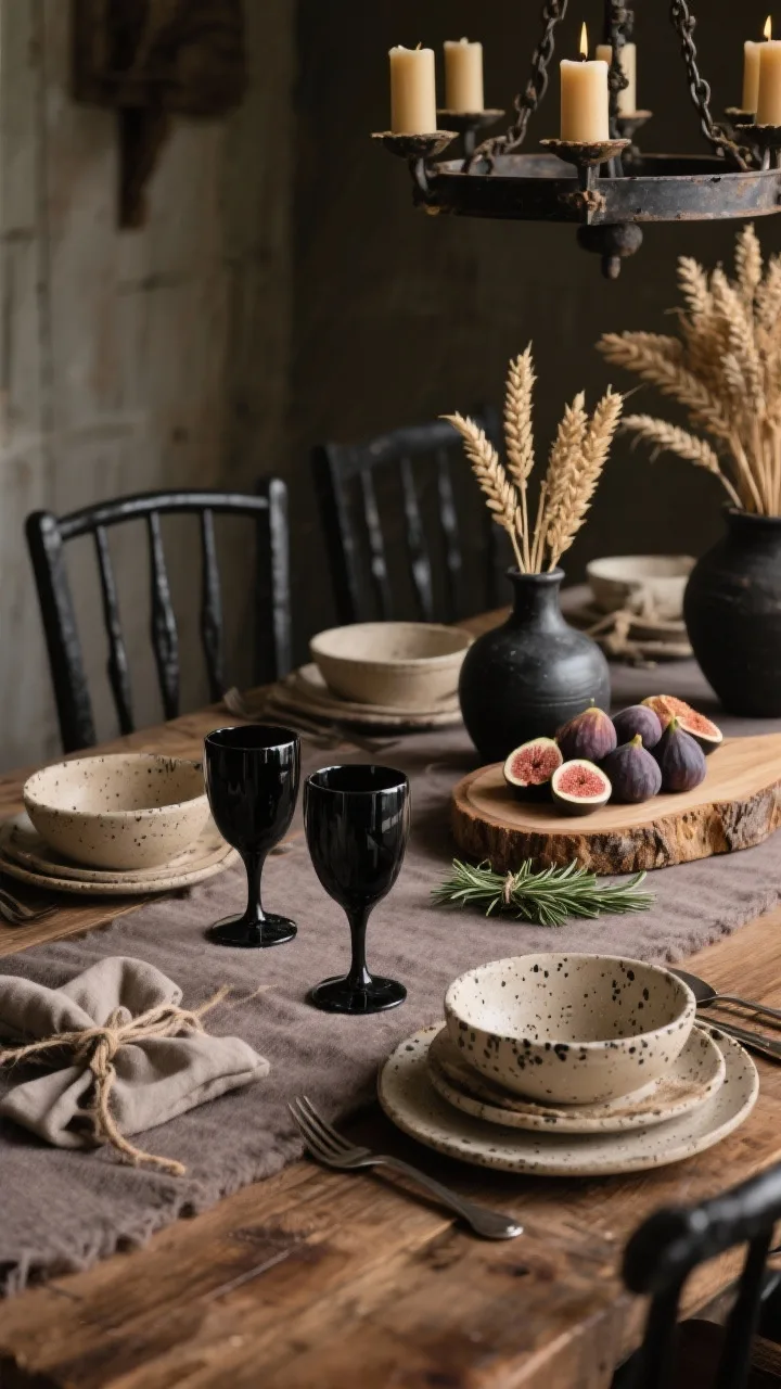 Closeup detail, tabletop angle: A rustic farmhouse scene with a warm walnut tabletop and a heathered taupe wool runner. Focus on opaque onyx-black wine stems beside oatmeal stoneware with black fleck, iron flatware, and hand-thrown serving bowls. Background hints of black spindle-back chairs. Lighting from an iron chandelier with beeswax tapers casts a soft, medieval-romantic glow. Natural elements include dried wheat bundles, black clay vases, a live-edge bread board piled with figs, and nubby linen napkins tied with twine and a sprig of rosemary. Photorealistic, cozy and moody.