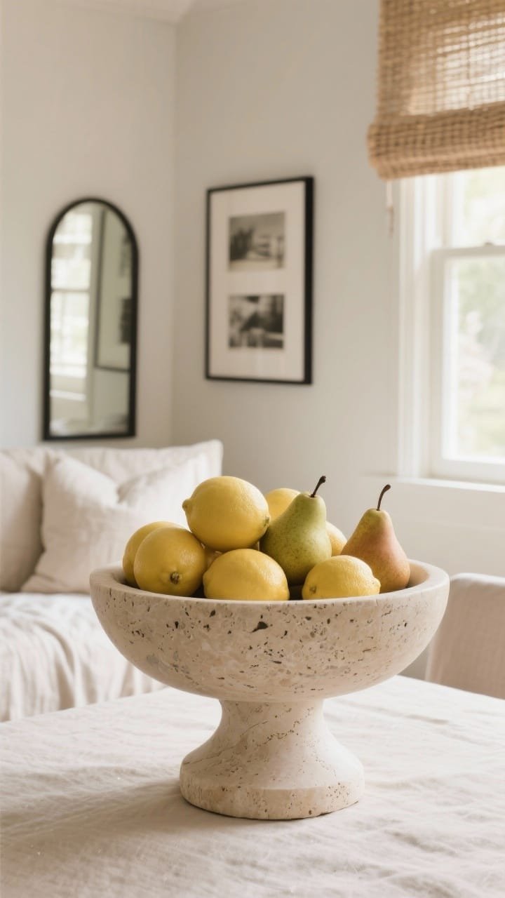 Closeup of a travertine pedestal bowl piled with pale lemons and Bosc pears for a neutral fruit still life. Surroundings include soft linen slipcovers, muted framed photography on the wall, and a woven Roman shade; a slim black-framed mirror catches daylight to add polish. Neutral, warm tones and natural textures.