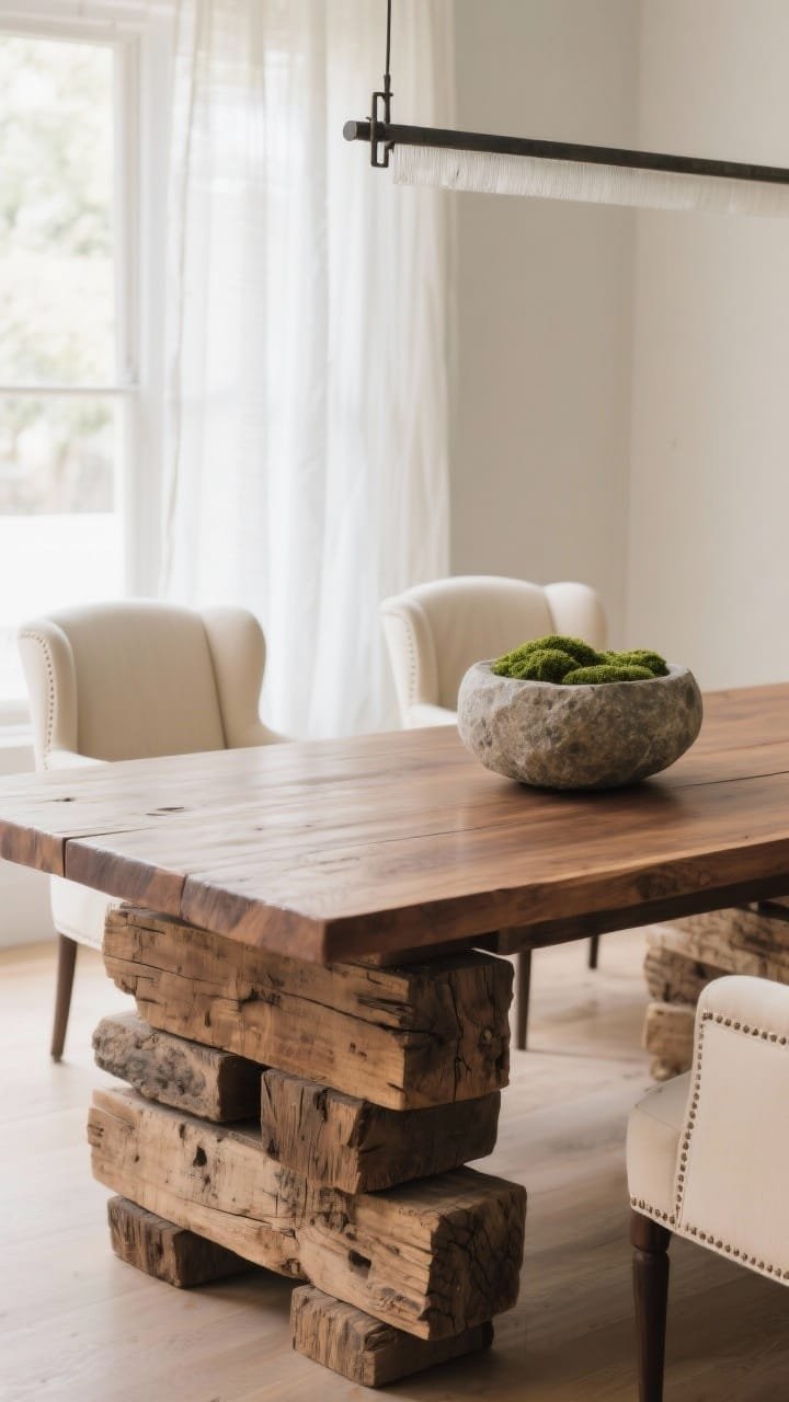 Closeup, table-height detail: two raw-edge wood boards stacked as a base, topped with a rough stone sphere and a small moss bowl—organic and tactile. Context: warm walnut table surface, cream wingback end chairs beyond, gauzy white drapes filtering daylight, and a linear iron fixture overhead adding a crisp counterpoint.