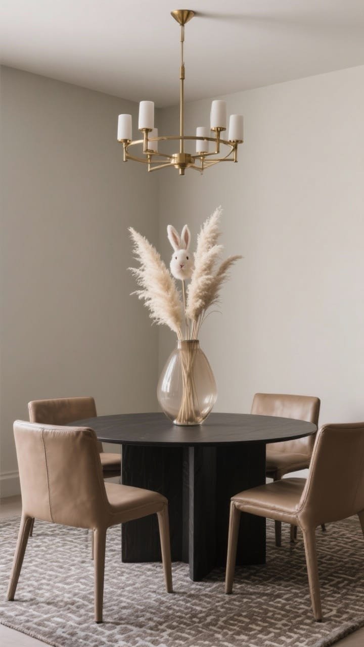 Corner-angle medium shot: a tall smoke-beige glass vase on a charcoal table, filled with cream pampas and bunny tails reaching upward to elongate the space. Taupe leather chairs surround; a sculptural brass chandelier overhead. A micro-pattern rug in warm gray grounds the scene. Soft, vertical emphasis and cohesive monochrome palette.