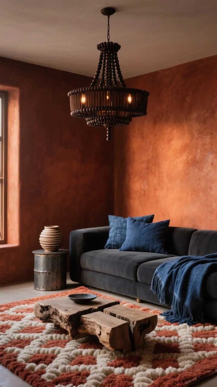 Corner-angle medium shot: Ember-toned space with burnt sienna walls and a low-profile charcoal sectional. Indigo-dyed textiles layered as throws and cushions. A split-log coffee table with raw edges sits on a tufted wool rug in rust and ivory geometric pattern. Overhead, a dark-wood beaded chandelier. Style with an indigo throw, a metal drum side table, and a ceramic coil vessel. Palette: burnt sienna, rust, charcoal, indigo, ivory. Warm evening glow with chandelier on.