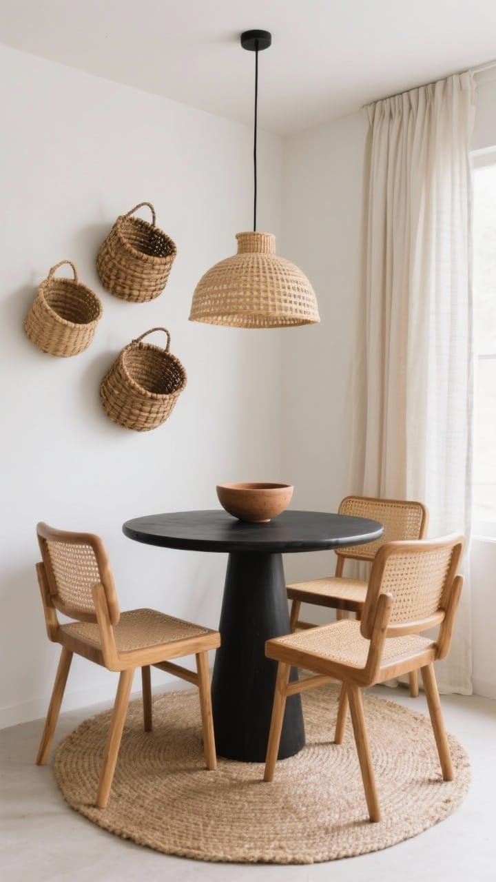 Corner-angle medium shot of a minimalist dining nook: a small round black pedestal table with natural wood cane-back chairs; a round jute rug beneath echoing the basket forms; a cluster of three woven baskets hung asymmetrically on the wall as art; tabletop styled with a single hand-thrown clay bowl; palette of black, honey wood, sand, and soft white; a sleek pendant with a woven shade overhead; slim linen cafe curtains gently filtering daylight; airy, curated feel, photorealistic.