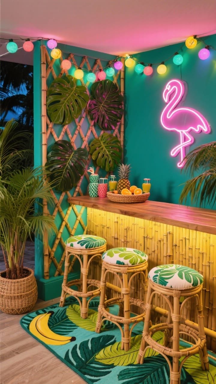 Corner angle, vibrant tropical tiki bar: bamboo bar table, rattan stools with leaf-print cushions, and a bright banana-leaf rug. A standing trellis wrapped in faux monstera forms the backdrop. Colored string lights drape above, pineapple-shaped drinkware and a woven tray of citrus on the bar, potted areca palms to the sides, and a pink neon flamingo sign for playful flair. Palette: emerald, hot pink, sunny yellow, teal; textures: bamboo, rattan, glossy leaves; festive evening lighting.