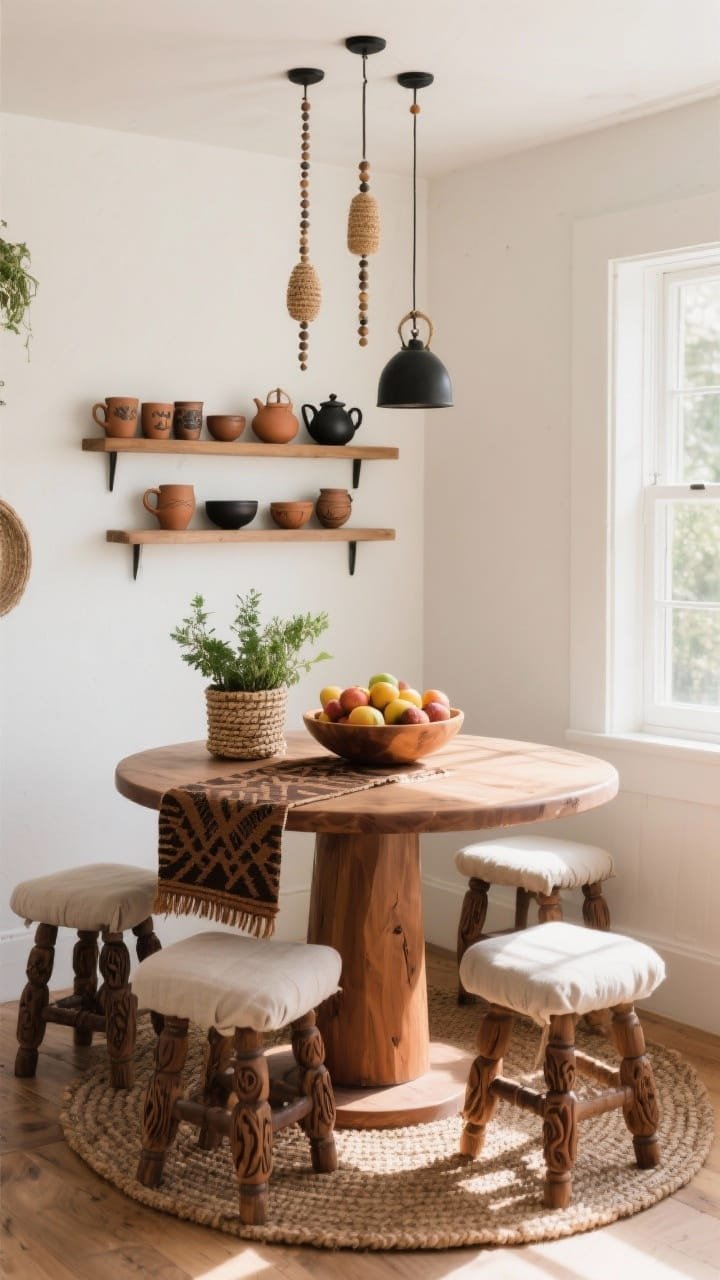 Corner medium shot of kitchen nook: round wood pedestal table in sunlight, surrounded by carved wooden stools with linen seat pads; overhead beaded pendants in natural and black; wall-mounted ledge displaying handmade ceramics&mdash;mugs, bowls, small clay teapot; table runner in mud cloth print adding graphic pop; small woven rug underfoot; potted herb in a woven sleeve on the table; wooden fruit bowl piled high. Color palette warm white, sable brown, matte black, terracotta. Bright, cozy morning light.