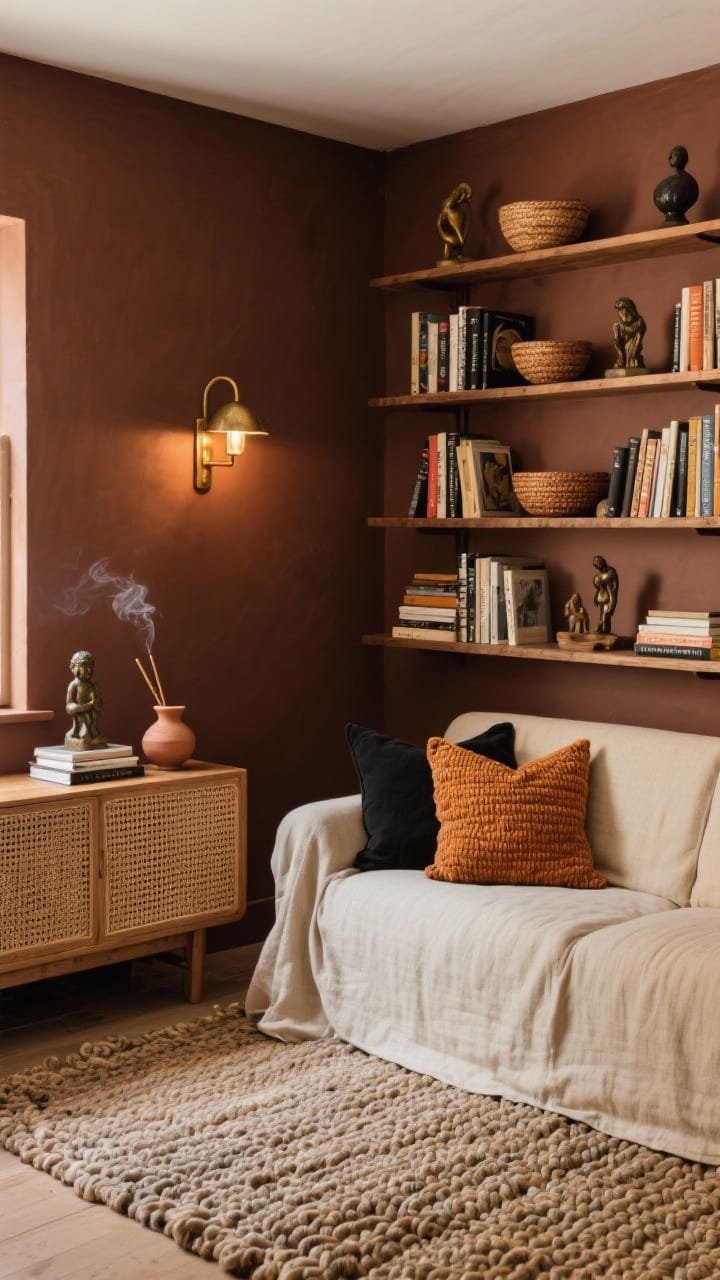 Corner reading-lounge medium shot: Umber-painted room with open wood shelving filled with art books, woven bowls, and miniature sculptures. A deep-seat linen slipcover sofa in oat sits on a loomed chunky-texture wool rug. Cane-front media console along one wall, oxidized brass sconces providing warm illumination. Nubby handwoven pillows in ochre and black. Details: book stacks, small bronze figurines, clay incense holder trailing smoke. Palette: umber, oat, ochre, black. Cozy, library-like lighting.