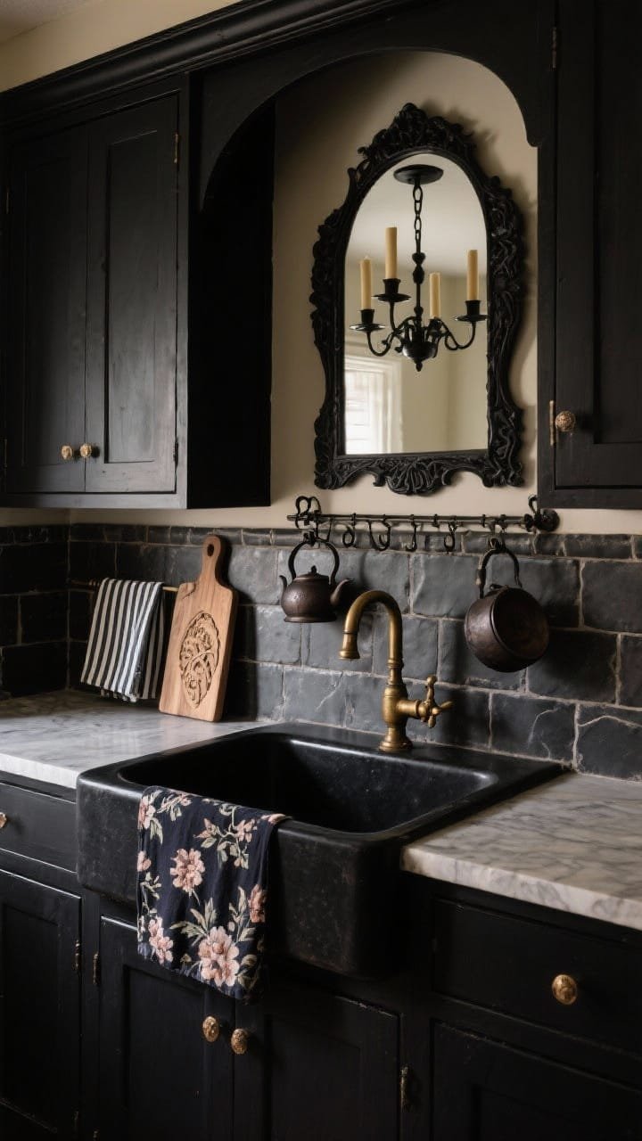 Cozy medium shot of a Gothic Cottage Comfort sink wall: soft black cabinets, soapstone-look counters, tumbled dark tile backsplash, arched black cabinet doors and/or arched mirror frame reflecting candle-style chandelier in black iron. A black farmhouse sink with aged brass taps, wrought-iron pot rack with cast-iron kettle. Dark floral runner, ticking stripe towels, carved wood bread boards leaning against the wall, warm shadowy lighting for a storybook, mysterious vibe.