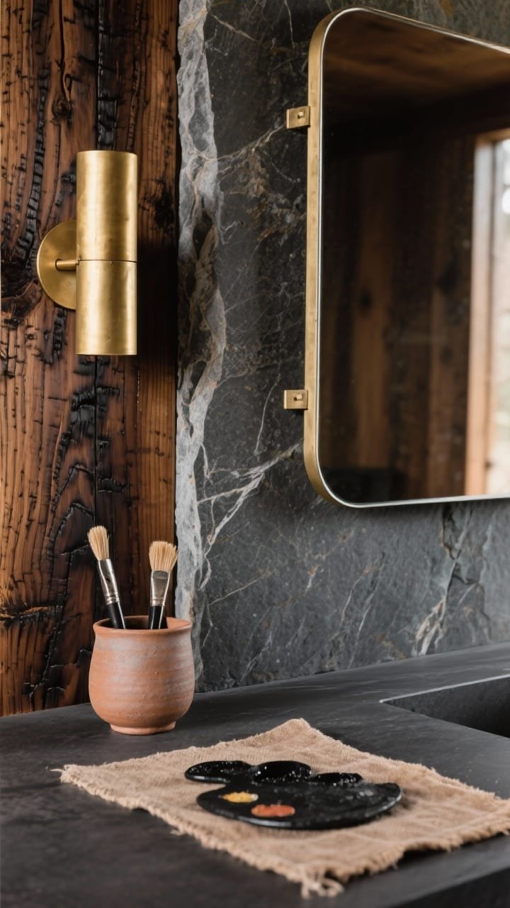 Detail closeup at a slight angle: shou sugi ban-style charred oak grain meeting a smooth slate-gray river stone slab edge; the transition emphasizes tactile contrast. Burnished brass cylinder sconce casting a warm wash on the wood and stone; rounded-rectangle mirror edge floating on hidden clips just visible. Accents in frame: hand-thrown clay cup with brushes, raw linen runner; palette ink black, slate, warm tan; moody, modern-cabin warmth.