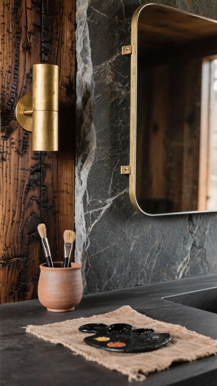 Detail closeup at a slight angle: shou sugi ban-style charred oak grain meeting a smooth slate-gray river stone slab edge; the transition emphasizes tactile contrast. Burnished brass cylinder sconce casting a warm wash on the wood and stone; rounded-rectangle mirror edge floating on hidden clips just visible. Accents in frame: hand-thrown clay cup with brushes, raw linen runner; palette ink black, slate, warm tan; moody, modern-cabin warmth.