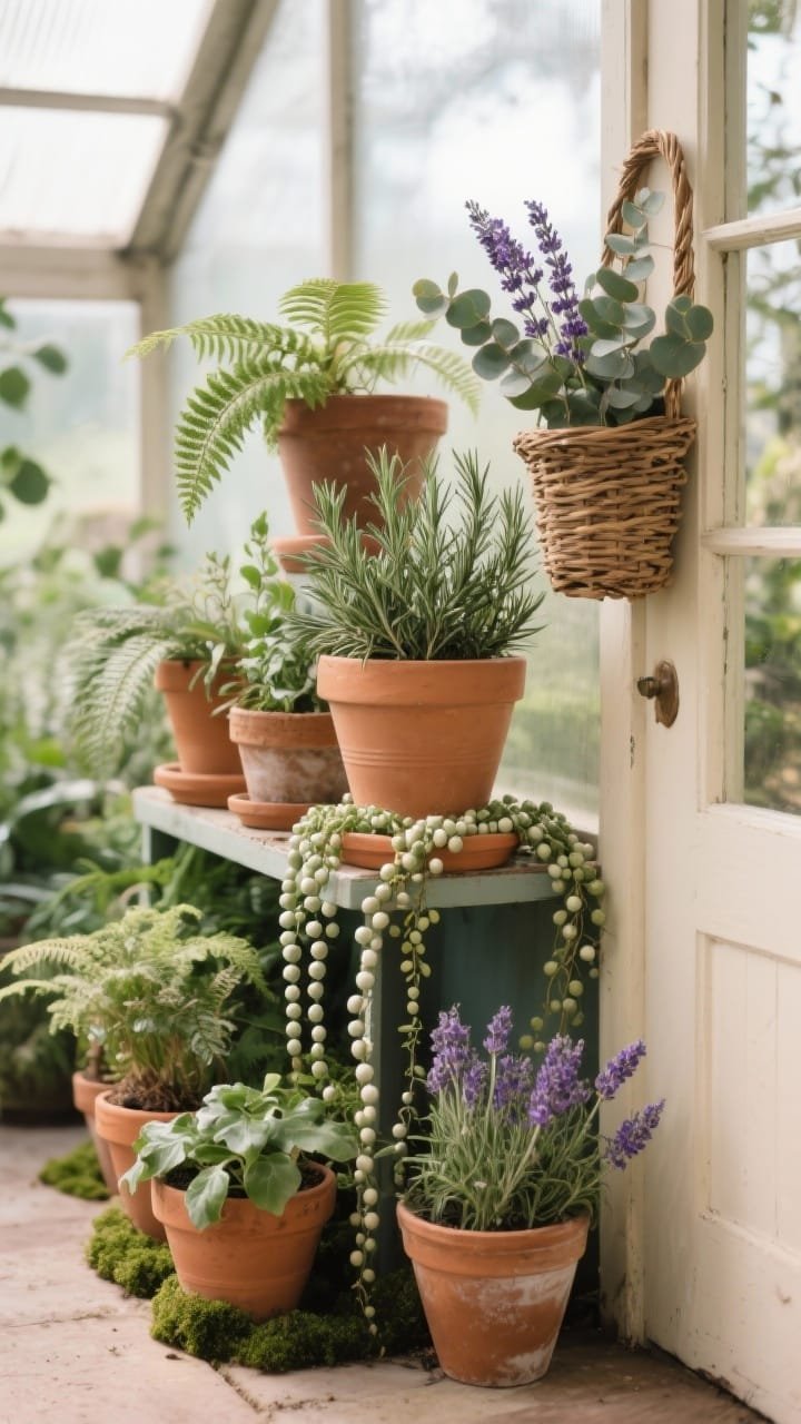 Detail closeup at ground level of a botanical greenhouse cluster: varied terracotta planters with ferns, rosemary, ivy, and lavender arranged in tiers on a plant stand, trailing string-of-pearls spilling over the edge, wicker basket door hanger filled with eucalyptus and lavender blurred in the background, soft morning natural light highlighting clay texture and mossy greens, palette of terracotta, sage, moss, and cream, lush and earthy.