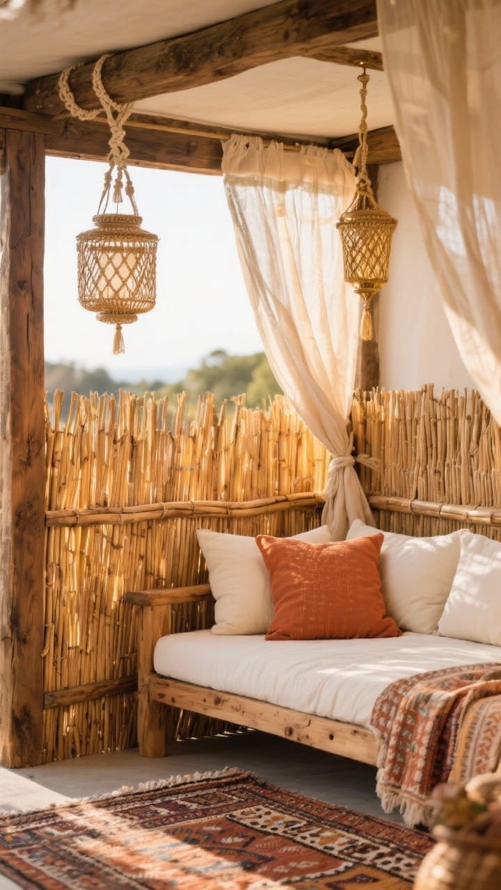 Detail closeup, boho textures: A tightly framed view of a timber frame infilled with rolled reed fencing/willow screening glowing warm honey in sunlight; in the foreground, an acacia daybed edge with cream cushions and terracotta pillows shows fabric grain; a patterned kilim outdoor rug peeks beneath; soft gauzy canopy fabric drapes from a beam catching a breeze; decor details include macrame hanging knots and wicker lantern weave; sand, clay, ivory, weathered wood tones with touches of brass; shallow depth of field, side angle, photorealistic.