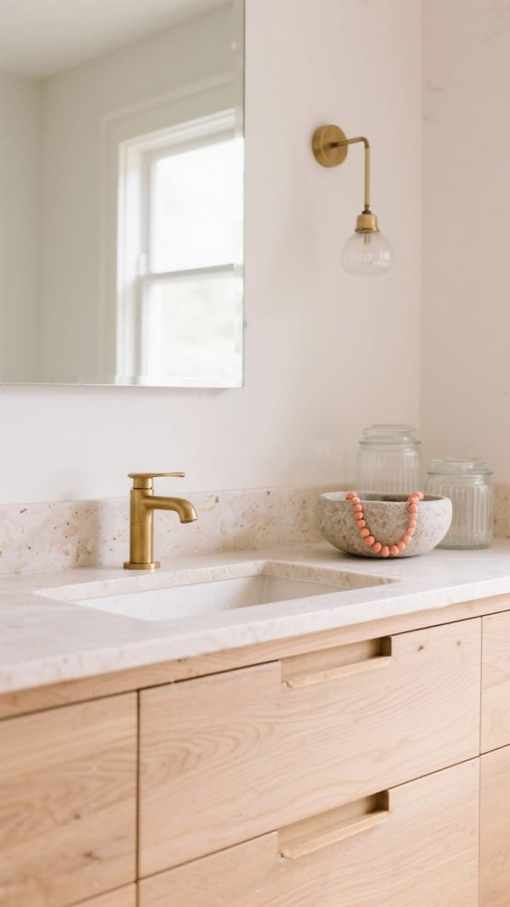 Detail closeup, clean minimal: straight-line maple vanity with finger-pull drawers beneath a pale honed limestone top, showcasing the chalky stone texture and fine maple grain. Soft-brass fixtures with a balanced sheen; a sleek frameless mirror edge reflected. A petite pendant drops asymmetrically beside the vanity. Accents: stone bowl with coral beads, frosted glass canisters; palette milky neutrals, blush beige, soft brass; serene diffuse daylight.