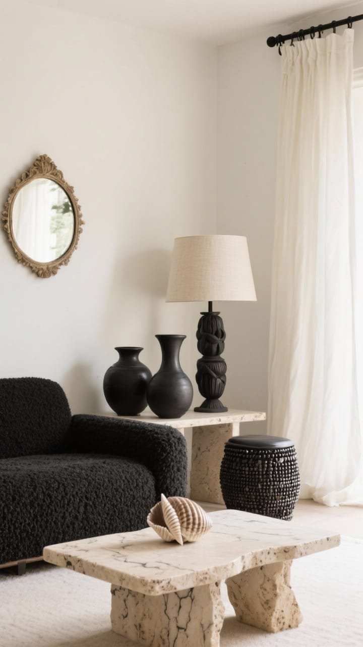 Detail closeup: Earthy monochrome vignette with a creamy bone-white wall. Foreground shows a petite travertine coffee table with soft stone veining, next to a charcoal boucl&eacute; sofa edge. Grouping of black clay vessels and an ebony wood object. Beaded African stool used as a side table. Cowrie shell mirror catches light on the wall. Details: sheer ivory drapes, linen lamp shade, matte black curtain rod. Palette: bone, charcoal, black, soft taupe. Soft, diffused daylight.