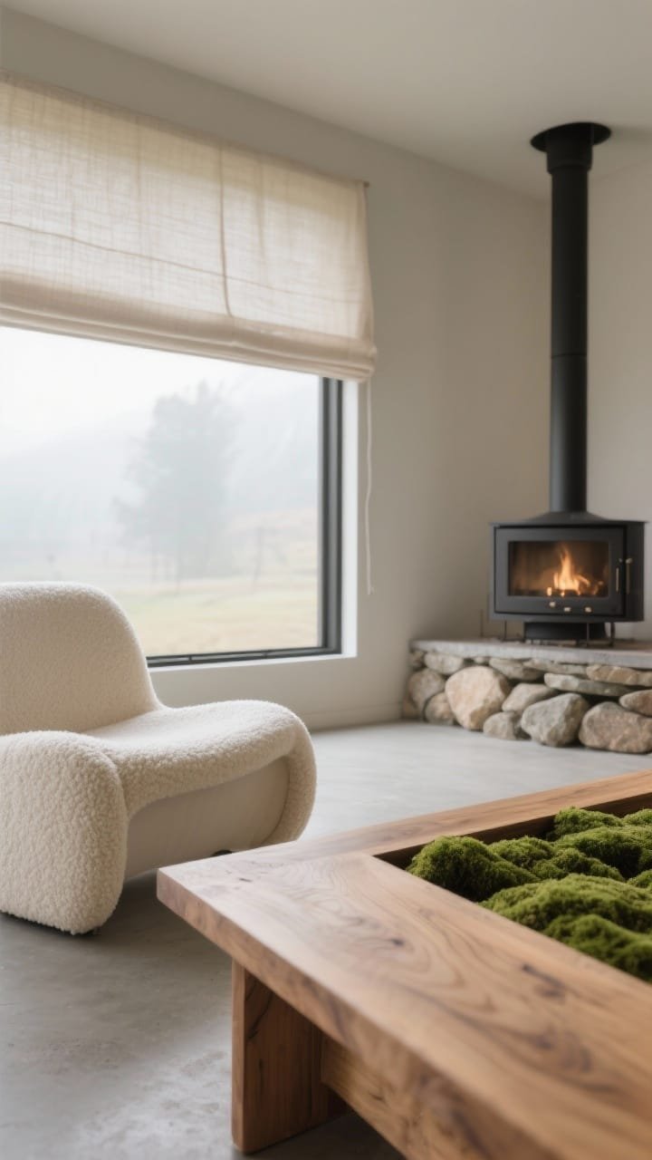Detail closeup from a low angle: Japandi textures and curves&mdash;putty-gray microcement floors, a curvy cream boucl&eacute; lounge chair edge, a long soaped oak bench with clean grain, and a shallow trough planter with velvety green moss; in the softly blurred background, a river-stone hearth and suspended black wood stove; diffused morning light filtered through a linen Roman shade, palette of fog, oatmeal, and warm sand.