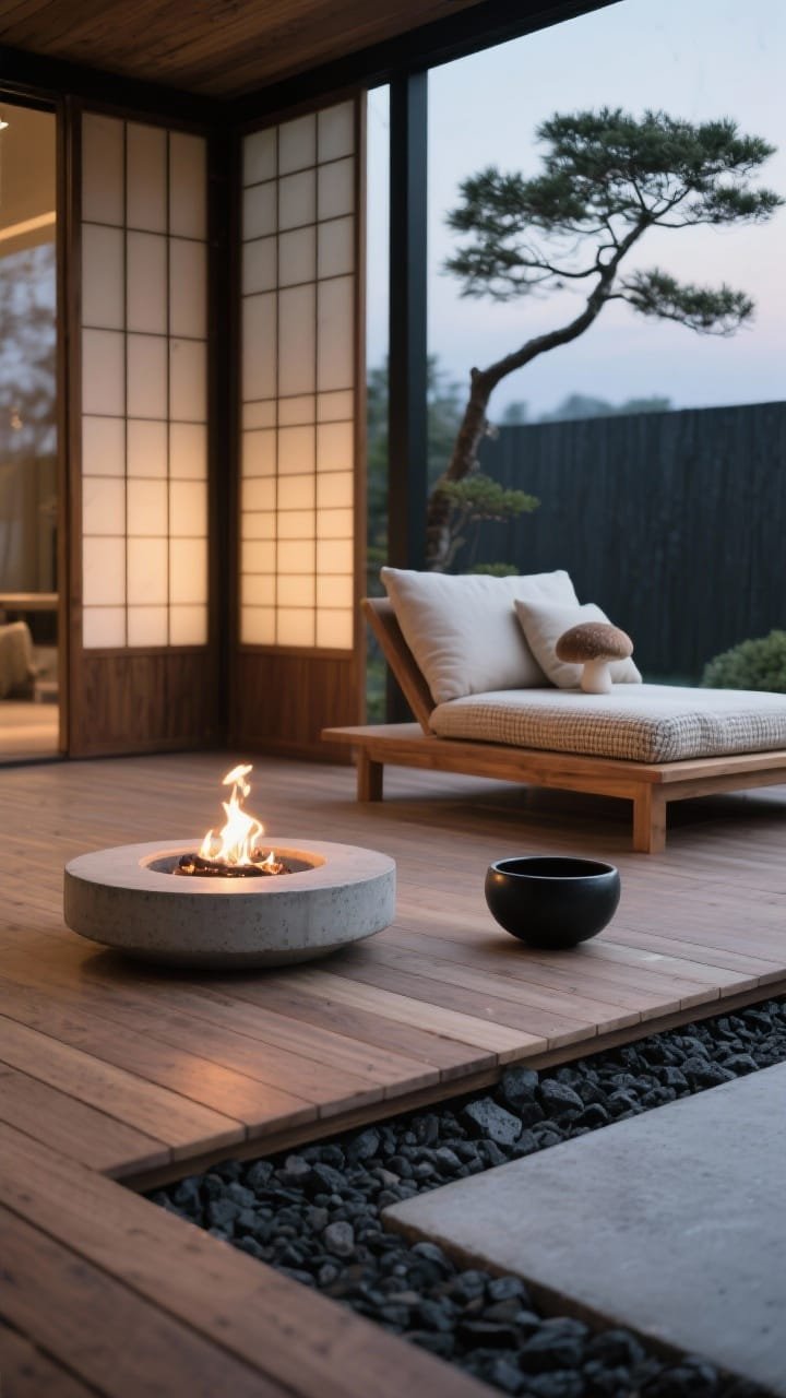 Detail closeup from a low angle on a Japandi zen deck: horizontal cedar decking meets a raked black lava gravel border like a quiet moat. Foreground shows the edge of a low, round concrete fire disk emitting a gentle flame; beside it, teak platform lounger and linen floor cushions in mushroom and stone. In the softly blurred background, a shoji-style privacy screen filters light and a delicate Japanese maple arcs into frame. Textural elements highlighted: linen weave, cedar grain, lava rock, concrete surface; a single black ceramic water bowl nearby. Calm, meditative evening light, photorealistic.