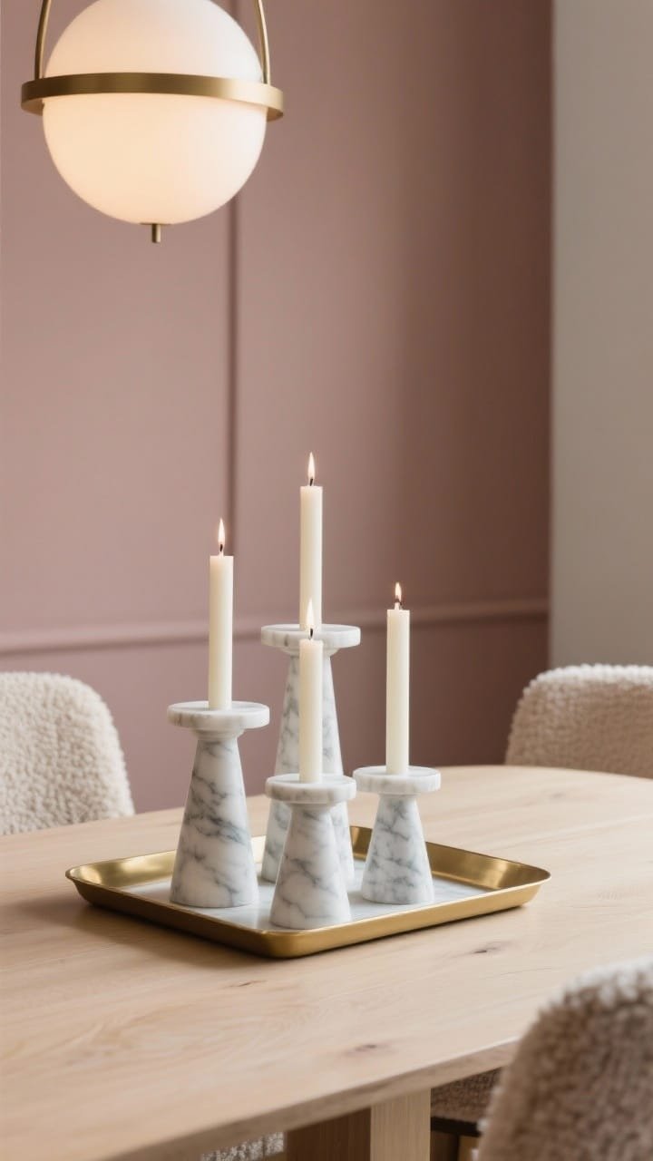 Detail closeup from table height: marble candle pedestals in staggered heights, each topped with ivory taper candles, set on a slim brass tray that anchors the arrangement. Background blur shows a bleached oak table surface, mushroom-colored walls, boucle end chairs, and a minimalist globe chandelier emitting a soft hotel-dining glow.