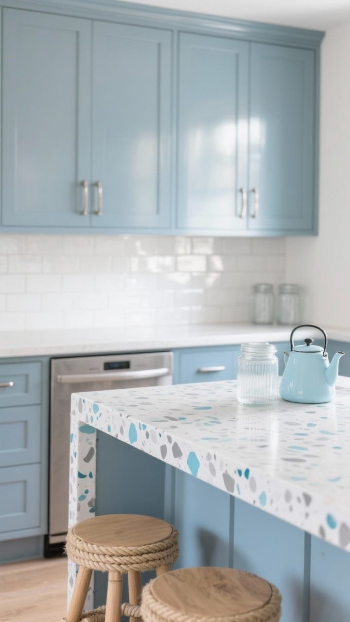 Detail closeup, island focus: A Modern Coastal Glacier kitchen highlighting a pale terrazzo countertop with white, gray, and icy blue chips, waterfall edge with matching terrazzo sides. In the softly blurred background: sky-blue shaker lowers and smooth concrete-gray uppers, glossy white zellige backsplash shimmering with reflected light. Matte nickel cup pulls, panel-ready dishwasher panel matching cabinetry. Rope-wrapped stools on light oak frames tucked beside the island edge, frosted glass canisters and a pale blue kettle catching crisp daylight. Fresh, playful coastal mood. Photorealistic.