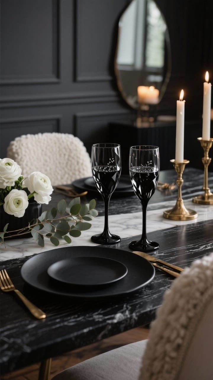 Detail closeup &mdash; Luxe noir tablescape in a moody apartment: dark eucalyptus wood tabletop with black stone charger plates and glossy black flatware. Front-and-center are matte black stem champagne flutes with sculptural, faceted stems and crystal-clear bowls, catching tiny bubbles and reflections from brass candlesticks. Background hints of a charcoal paneled wall and a smoked mirror that doubles candlelight; ivory boucle chair edge and a low arrangement of white ranunculus slightly out of focus. Materials: marble accent, velvet seat cushions implied. Palette: ink black, ivory, warm metallics. Low, cinematic evening lighting, shallow depth of field, photorealistic.