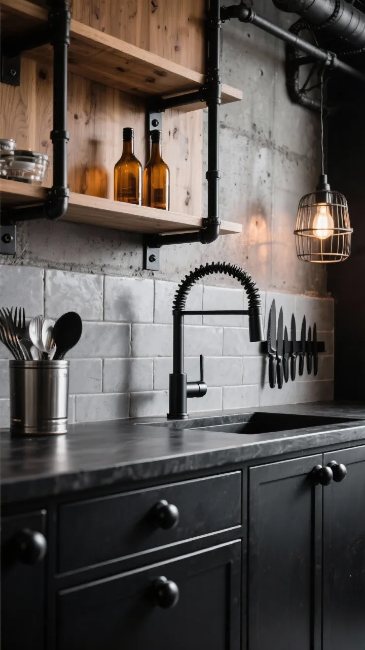 Detail closeup of a Noir Industrial Loft vignette: junction of black lower cabinets with chunky black knobs and pulls, warm wood open uppers, and a cement-gray tile backsplash. Exposed metal shelving with amber glass bottles, a steel utensil crock, and a magnetic matte black knife strip. Black pipe brackets visible. In frame, a commercial spring-spout faucet in brushed black/steel, with gritty textures emphasized. Side lighting with a hint of caged industrial pendant reflections, urban and rugged.